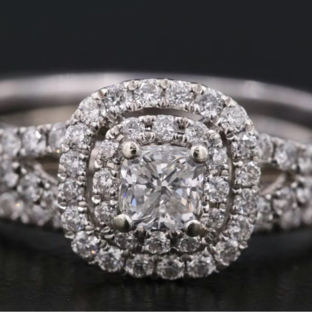 Double Halo Round Real Diamond Wedding Ring in 14k White Gold - Picture 5 of 13